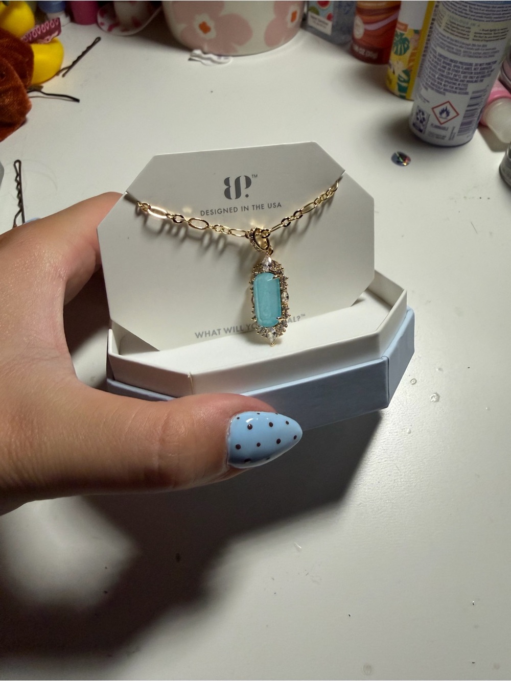 Gold Pendant Necklace with Light Blue Stone by Bomb Party Capri Drop